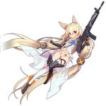  absurdly_long_hair animal_ears assault_rifle barcode black_legwear blonde_hair blue_eyes cat_ears flower full_body g41_(girls_frontline) girls_frontline gloves gun h&amp;k_g41 heckler_&amp;_koch heterochromia holding holding_weapon long_hair looking_at_viewer low-tied_long_hair mismatched_legwear ntrsis official_art panties red_eyes rifle shirt solo thighhighs transparent_background twintails underwear very_long_hair weapon white_legwear white_panties white_shirt 