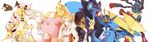  ampharos black_hair blissey blonde_hair blue_eyes brown_eyes crossover emolga empoleon golduck jolteon lucario manectric mega_ampharos mega_lucario mega_manectric mercy_(overwatch) minun nyasa overwatch pharah_(overwatch) pikachu pokemon waifu2x 