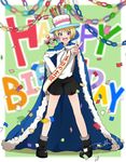  2016 bad_id bad_pixiv_id blonde_hair blush boots cake_hat cape confetti crown dated earrings fancy_glasses full_body happy_birthday hat highres idolmaster idolmaster_side-m jewelry kaerre male_focus niki_(nikism1987) open_mouth paper_chain pierre_(idolmaster) purple_eyes sash shorts signature smile solo stuffed_animal stuffed_frog stuffed_toy sunglasses v 