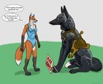  animal_genitalia anthro canine dialogue female feral fox male mammal renaud_(character) saddle sheath silver_fox simple_background strega 