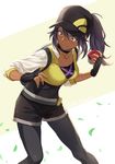  backlighting bangs baseball_cap beige_background belt black_gloves breasts choker collarbone dark_skin female_protagonist_(pokemon_go) fingerless_gloves gloves grass guchico hair_between_eyes hat holding holding_poke_ball leggings legwear_under_shorts long_sleeves looking_down looking_to_the_side medium_breasts petals poke_ball poke_ball_(generic) pokemon pokemon_go purple_hair shiny shiny_clothes shiny_hair shiny_skin shorts solo sweatdrop twitter_username two-tone_background white_background yellow_eyes 