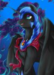  2016 aerostoner armor black_feathers black_fur blue_background blue_eyes cosmic_hair equine fangs feathered_wings feathers female feral friendship_is_magic fur hair helmet hi_res horn mammal my_little_pony nightmare_moon_(mlp) simple_background slit_pupils solo spread_wings winged_unicorn wings 