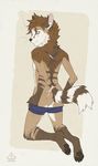  ambiguous_gender anthro butt clothed clothing diesel_wiesel feline kneeling looking_at_viewer looking_back mammal pants_down partially_clothed simple_background smile solo striped_tail stripes 