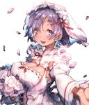  adapted_costume blue_eyes blue_hair blush breasts bridal_veil bride detached_sleeves dress flower hair_ornament hairband large_breasts looking_at_viewer open_mouth outstretched_arm outstretched_hand petals re:zero_kara_hajimeru_isekai_seikatsu red_ribbon redcomet rem_(re:zero) ribbon ribbon-trimmed_clothes ribbon_trim short_hair smile solo tears veil x_hair_ornament 