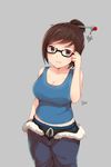  1girl brown_eyes brown_hair closed_mouth collarbone deru06 female glasses grey_background looking_at_viewer mei_(overwatch) midriff overwatch sleeveless solo 