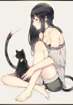  animal bad_id bad_pixiv_id bare_legs barefoot black_hair bra_strap breasts cat cat_tail choker cleavage closed_eyes hadean92 hair_ornament hairclip leg_up long_hair medium_breasts original solo tail 