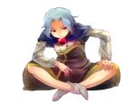  &gt;:( blue_hair capelet commentary_request frown full_body hair_intakes hood hood_down indian_style jewelry kesa kukkuru kumoi_ichirin long_sleeves looking_at_viewer nun pendant red_eyes short_hair sitting socks solo touhou v-shaped_eyebrows white_background white_legwear 