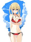  alternate_costume arm_behind_back ass_visible_through_thighs bikini blonde_hair blue_eyes blush breasts cross-counter_(screw_upper) graf_zeppelin_(kantai_collection) hair_between_eyes hair_over_shoulder hand_on_own_chest iron_cross kantai_collection long_hair looking_at_viewer medium_breasts navel open_mouth shy side-tie_bikini sidelocks solo stomach swimsuit thighs tsurime twintails 