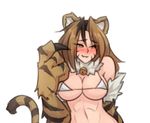  abs animal_ears bare_shoulders bell black_hair blush breasts brown_hair claws embarrassed facial_mark fur jingle_bell jinko_(monster_girl_encyclopedia) large_breasts looking_away micro_bikini_top monorus monster_girl monster_girl_encyclopedia multicolored_hair orange_eyes paws simple_background smile solo streaked_hair tail tail_raised tiger_ears tiger_paws tiger_stripes tiger_tail two-tone_hair upper_body white_background white_bikini_top 