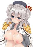  beret blue_eyes blush bottomless breasts employee_uniform epaulettes frilled_sleeves frills gloves hat kantai_collection kashima_(kantai_collection) large_breasts looking_at_viewer military military_uniform mitsukazu_(nijigen_complex) nipples open_clothes open_shirt shirt silver_hair smile solo twintails uniform wavy_hair white_gloves 