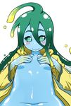  :&gt; blue_skin blush breasts coat goo_girl green_eyes green_hair long_hair monster_girl monster_musume_no_iru_nichijou navel nipples open_clothes open_coat raincoat simple_background small_breasts solo suu_(monster_musume) tentacle_hair transparent uchuu_ika upper_body white_background 