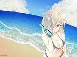  bare_shoulders beach bikini blue_eyes blue_sky bottle breasts cleavage cloud cloudy_sky collarbone day hair_ornament hair_over_one_eye hairclip hamakaze_(kantai_collection) kantai_collection large_breasts lips looking_at_viewer mimamui ocean outdoors ramune sand ship shore short_hair silver_hair sky smile solo swimsuit twitter_username water water_bottle watercraft wet wet_hair 
