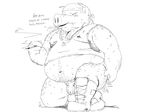  aliasing anthro balls bandanna black_and_white boots bottomless cigarette clothed clothing dialogue dog_tags flaccid footwear front_view hairy line_art looking_at_viewer male mammal monochrome navel on_one_knee overweight penis pig porcine rohly scratching smoking solo sweat talking_to_viewer 