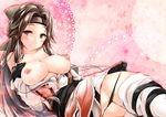 black_gloves black_hair black_panties blush bow breast_suppress breasts breasts_outside brown_eyes brown_hair cleavage closed_mouth collarbone dress_pull eyelashes floral_background forehead_protector gloves hair_bow hair_intakes hair_ribbon japanese_clothes jintsuu_(kantai_collection) kantai_collection lace lace-trimmed_panties lace_background large_breasts long_hair long_sleeves looking_at_viewer loose_clothes lying nipples no_bra off_shoulder on_side panties panty_pull pink_background remodel_(kantai_collection) ribbon sasakuma_kyouta sash sidelocks smile solo thigh_strap thighhighs topless tress_ribbon underwear white_legwear 