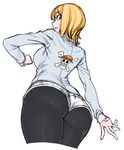  1girl ass back bangs black_eyes black_legwear blue_shirt breasts cowboy_shot cropped_legs female from_behind from_below long_sleeves looking_at_viewer looking_back nami_(one_piece) one_piece open_mouth orange_hair pantyhose photoshop shirt short_hair short_shorts shorts solo space_jin sweatdrop 