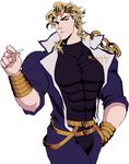  1boy abs azurenocturne birthmark blonde_hair cigarette cowboy_shot dio_brando earrings fusion green_eyes hand_in_pocket headband heart highres jewelry jojo_no_kimyou_na_bouken kuujou_joutarou male_focus muscle profile signature solo wrist_cuffs 