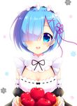  aoi_yun apple blue_eyes blue_hair breasts cleavage detached_sleeves food fruit hair_ornament hair_over_one_eye hair_ribbon medium_breasts pink_ribbon re:zero_kara_hajimeru_isekai_seikatsu rem_(re:zero) ribbon short_hair smile solo x_hair_ornament 