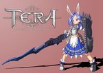  absurdres animal_ears apron armor artist_request blue_dress blue_eyes blue_hair boots breastplate bunny_ears copyright_name dress elin_(tera) highres lance long_hair polearm shield side_ponytail smile solo tera_online weapon 