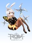  animal_ears artist_request black_legwear blue_eyes braid bunny_ears butterfly_wings elbow_gloves elin_(tera) gloves high_heels highres leaning_back long_hair shirt shoes shuriken sitting skirt solo tera_online thighhighs twin_braids twintails white_hair wings yellow_wings 