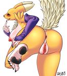  2016 absurd_res anthro anus blush breasts butt clitoris clothing daimo digimon female fur gloves hi_res nipples presenting presenting_hindquarters pussy renamon solo yellow_fur 