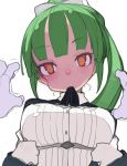  1boy 1girl close-up green_hair hetero kimura_akiyoshi long_hair mouth_hold orange_eyes ponytail pov pov_eye_contact simple_background white_background 