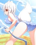  animal_ears ass bad_id bad_pixiv_id breasts hajime_(ak-r) inubashiri_momiji large_breasts looking_back one-piece_swimsuit red_eyes school_swimsuit sideboob solo swimsuit tail touhou wading white_hair wolf_ears wolf_tail 