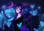  absurdres blue_eyes blush bug butterfly earrings fanom fence frills glowing highres holding holding_hair insect jewelry leaf long_hair magic moon necklace night original pointy_ears purple_hair purple_moon sketch solo sparkle star star_(sky) 