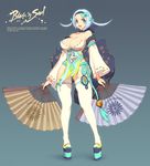  1girl artist_request bare_shoulders blade_&amp;_soul blue_eyes blue_hair bow breasts cleavage company_name curvy detached_sleeves fan female hair_bow holding huge_breasts julia_(blade_&amp;_soul) korean_clothes legs long_legs open_mouth platform_shoes short_hair solo standing tagme tassel thighhighs white_legwear wide_hips 