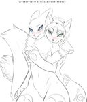  2016 anthro black_sclera blue_eyes blush breasts bridal_gauntlets canine claws cleavage clothed clothing convenient_censorship digimon doomthewolf duo embrace eye_contact featureless_crotch female female/female fluffy fluffy_tail fox fur hair hug jewelry krystal loincloth mammal markings monochrome navel neck_tuft nintendo nude open_mouth renamon restricted_palette simple_background sketch skimpy smile spaulders star_fox tongue tuft under_boob video_games white_background wide_hips 
