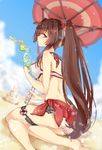  beach bikini breasts brown_hair flower from_behind hair_flower hair_ornament highres kantai_collection leg_belt long_hair looking_at_viewer medium_breasts oriental_umbrella ponytail red_umbrella sarong scarlet_dango sitting solo swimsuit umbrella very_long_hair white_bikini yamato_(kantai_collection) 