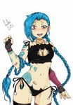  1girl blue_hair blush braid cat_band_legwear cat_cutout cat_ear_panties cat_keyhole_bra cat_lingerie fingerless_gloves jinx_(league_of_legends) league_of_legends long_hair pink_eyes solo tattoo thighhighs twin_braids twintails 