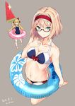  2016 alice_margatroid barefoot bespectacled bikini blonde_hair blue_bikini blue_eyes bow breasts cleavage collarbone covered_navel dated doll doll_joints food full_body glasses hair_bow hairband highres innertube looking_at_viewer medium_breasts nabeshima_tetsuhiro navel one-piece_swimsuit popsicle red_bow school_swimsuit semi-rimless_eyewear shanghai_doll short_hair simple_background solo sparkle swimsuit touhou twitter_username under-rim_eyewear watermelon_bar 