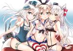  adapted_costume amatsukaze_(kantai_collection) bikini blonde_hair frilled_swimsuit frills garter_straps girl_sandwich innertube kantai_collection keepout long_hair multiple_girls name_tag one-piece_swimsuit rensouhou-chan sandwiched school_swimsuit shimakaze_(kantai_collection) silver_hair striped striped_legwear swimsuit thighhighs two_side_up u-511_(kantai_collection) windsock 