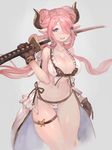  :d bikini blue_eyes breasts brown_gloves cleavage draph earrings gloves granblue_fantasy hair_ornament highres holding holding_sword holding_weapon horns huge_breasts jewelry katana lack narmaya_(granblue_fantasy) navel open_mouth pink_hair pointy_ears smile solo swimsuit sword teeth weapon white_bikini 