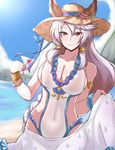  alternate_breast_size animal_ears beach braid breasts brown_eyes cat_ears cherry cleavage cocktail_glass cup day drinking_glass ears_through_headwear erune flower food fruit granblue_fantasy hair_between_eyes hair_tubes hat hat_flower heles hibiscus holding large_breasts long_hair one-piece_swimsuit outdoors sekitaku silver_hair single_braid solo sun_hat swimsuit water white_swimsuit 