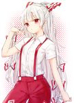  bangs blunt_bangs bow collared_shirt flat_chest fujiwara_no_mokou hair_bow halftone halftone_background hand_in_hair honotai hot long_hair long_ponytail looking_at_viewer pants parted_lips red_eyes red_pants shirt short_sleeves silver_hair solo suspenders sweat touhou very_long_hair white_background white_shirt 
