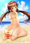  1girl ass bikini blush butt_crack feet female long_hair ryoubi_(senran_kagura) senran_kagura shiny_skin sky solo sweat twintails water 