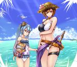  apollonia_vaar aqua_eyes asymmetrical_bikini asymmetrical_clothes beach bikini blue_hair breast_hold breasts brown_hair day diving_mask diving_mask_on_eyes floating_island granblue_fantasy halterneck highres long_hair multiple_girls orchis outdoors polka_dot polka_dot_swimsuit red_eyes sheath sheathed short_hair snorkel stuffed_animal stuffed_cat stuffed_toy suzumushi swimsuit sword thigh_strap twintails water weapon 