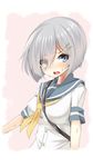  absurdres bad_id bad_pixiv_id blue_eyes breasts commentary_request eyes_visible_through_hair hair_ornament hair_over_one_eye hairclip hamakaze_(kantai_collection) highres kantai_collection large_breasts looking_at_viewer open_mouth sakakiba_misogi school_uniform serafuku short_hair silver_hair solo 