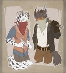  anthro bandanna bear canine clothed clothing diesel_wiesel duo horn jewelry knife male mammal necklace pickaxe simple_background standing 