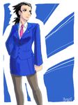  1girl black_hair formal genderswap gyakuten_saiban hair naruhodou_ryuuichi necktie solo suit tie 