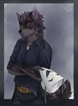  ambiguous_gender anthro canine clothed clothing crossed_arms diesel_wiesel jewelry mammal mask necklace simple_background solo standing 