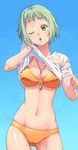  amanchu! awa between_breasts bikini breasts contrapposto covered_nipples cowboy_shot green_hair highres kohinata_hikari large_breasts open_mouth orange_bikini shirt short_hair solo standing swimsuit wet wet_clothes wet_shirt wet_t-shirt whistle yellow_eyes 