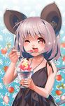  alternate_costume animal_ears collarbone eating food fruit grey_hair highres md5_mismatch mouse_ears mouse_tail nazrin one_eye_closed open_mouth pendulum red_eyes shaved_ice solo strawberry tail tank_top touhou umigarasu_(kitsune1963) upper_body 