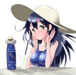  adapted_object bad_id bad_pixiv_id black_hair bottle breasts calpis casual_one-piece_swimsuit drinking_straw glass hat highres kantai_collection long_hair maimai-dou medium_breasts one-piece_swimsuit polka_dot polka_dot_swimsuit solo sun_hat swimsuit ushio_(kantai_collection) yellow_eyes 