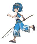  :o absurdres androgynous baggy_pants blue_hair blue_sailor_collar bright_pupils capri_pants commentary fishing_rod full_body highres holding looking_at_viewer official_art open_mouth pants pokemon pokemon_(game) pokemon_sm running sailor_collar sandals short_hair sleeveless solo sugimori_ken suiren_(pokemon) trial_captain 