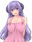  :d apron bare_shoulders blush breasts cleavage collarbone commentary_request hanyuu hasu_(hk_works) higurashi_no_naku_koro_ni horns huge_breasts long_hair looking_at_viewer naked_apron open_mouth pink_apron purple_eyes purple_hair smile solo upper_body white_background 
