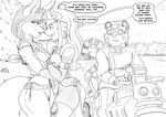  2016 anthro bucky_o&#039;hare_(series) canine cat clothing dialogue english_text eye_contact eyewear feline female fox gloves goggles group hand_on_hip hug jenny lake legwear male mammal motorcycle outside shore smile text thigh_highs tiger yawg 