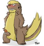  2016 blush brown_fur digital_media_(artwork) erection fur gumshoos male mammal nintendo nude penis pok&eacute;mon raburigaron sharp_teeth solo teeth video_games waifu2x yellow_fur 