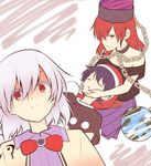  commentary_request doremy_sweet hat hecatia_lapislazuli jealous kishin_sagume multiple_girls nightcap pom_pom_(clothes) red_eyes red_hair satou_yuuki shirt short_hair silver_hair simple_background smile t-shirt touhou 